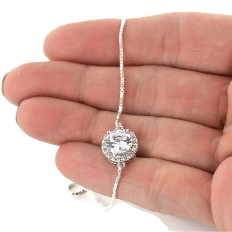 CZ Diamond Halo adjustable Bracelet, Silver - - LadybugfeetDesigns -