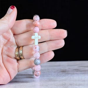 Pink Zebra Jasper Beaded Cross Stretch bracelet - - LadybugfeetDesigns -