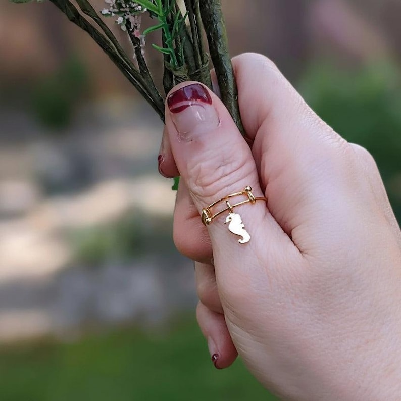 Tiny Seahorse Dangle Adjustable Charm Ring- Gold - - LadybugfeetDesigns -