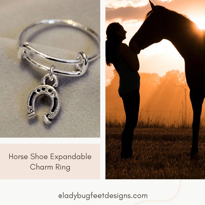 Horse Shoe Expandable Charm Ring - - LadybugfeetDesigns -