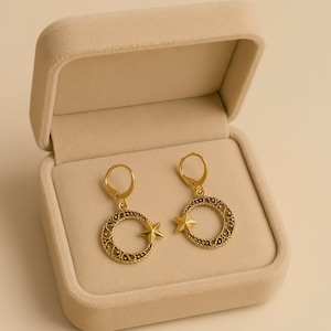 Fancy Crescent Moon Star Leverback Hoop Earrings, Gold - - LadybugfeetDesigns -