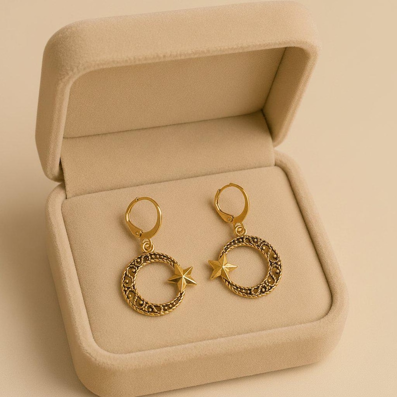 Fancy Crescent Moon Star Leverback Hoop Earrings, Gold - - LadybugfeetDesigns -