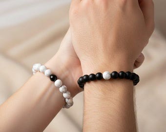 White Howlite and Black Wood Bead Couple's Bracelet, Distance Bracelets SET, Unisex