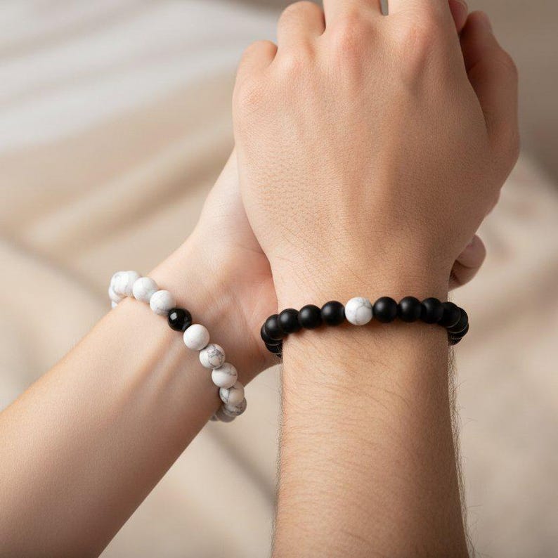 White Howlite and Black Wood Bead Couple's Bracelet, Distance Bracelets SET, Unisex - - LadybugfeetDesigns -