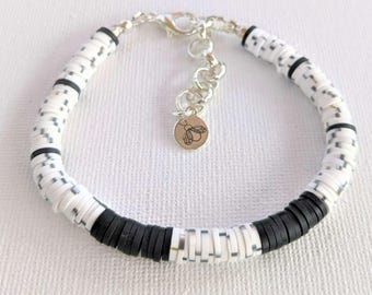 Black, Salt & Pepper Heishi Clay Disc Bracelet, Silver