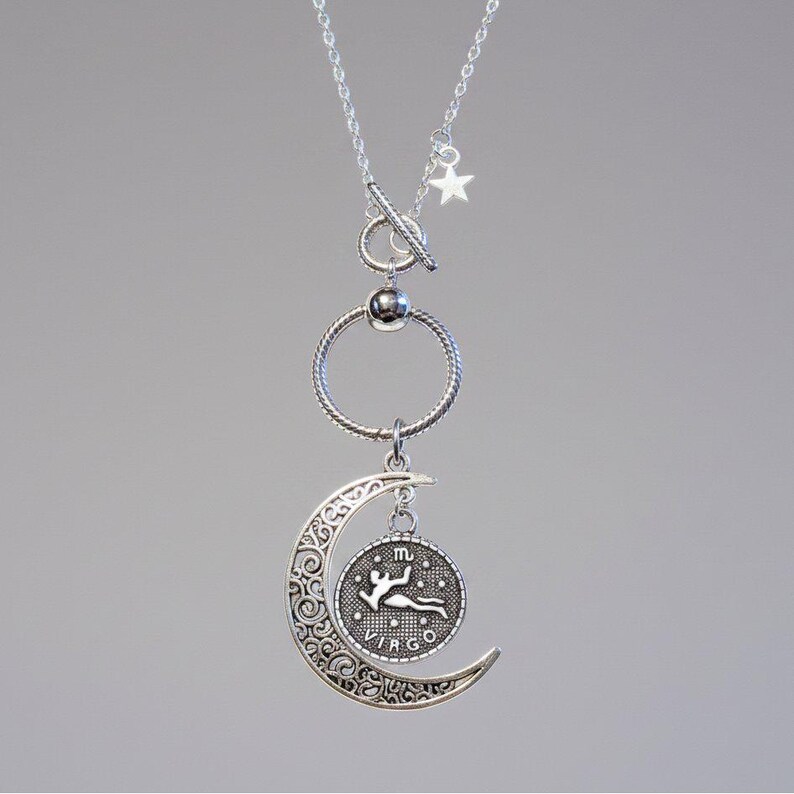 Crescent Moon Zodiac Sign Necklace, Silver - 20 inch - - LadybugfeetDesigns -