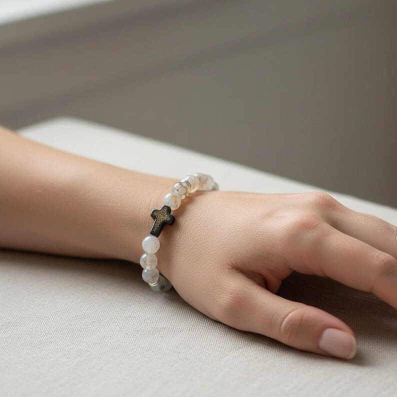Gray Smoke Beaded Cross Stretch Bracelet-UNISEX - - LadybugfeetDesigns -