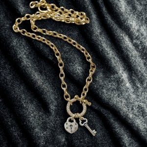 Heart Lock and Key Shackle Clasp Carabiner Necklace, Gold - Adjusts up to 20 inches - - LadybugfeetDesigns -