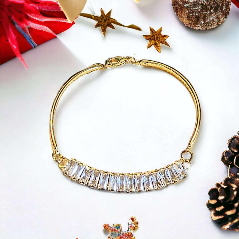 Gold CZ Baguette Bangle Bracelet, Large - - LadybugfeetDesigns -