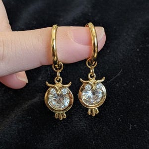 CZ Owl Hoop earrings, Gold -12mm - - LadybugfeetDesigns -