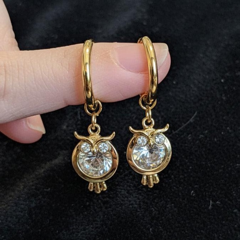 CZ Owl Hoop earrings, Gold -12mm - - LadybugfeetDesigns -