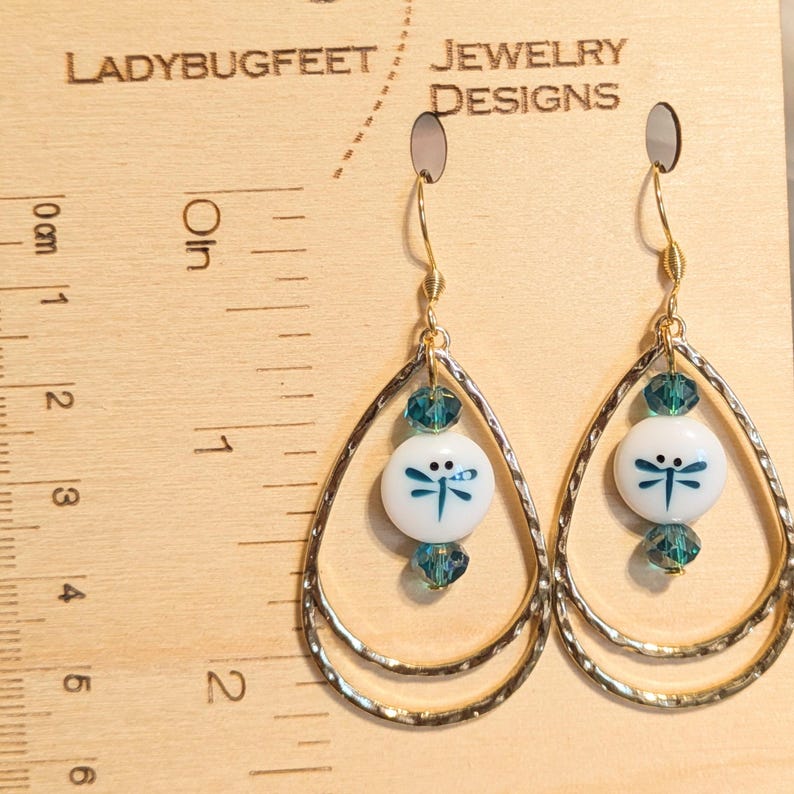 Dragonfly Bead Hammered Teardrop Earrings, Gold - - LadybugfeetDesigns -