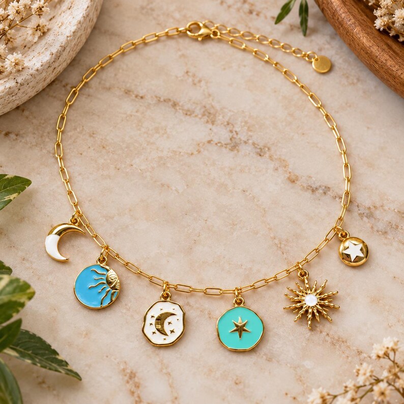 Celestial Multi Charm Link Necklace, Gold- 20 inch - - LadybugfeetDesigns -