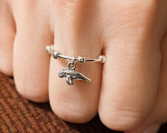 Manatee Adjustable Charm Ring, Silver
