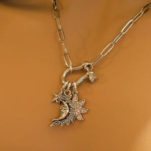 Celestial Moon Face, CZ Sun and Star Shackle Clasp Carabiner Necklace, Silver - 20 inch - - LadybugfeetDesigns -