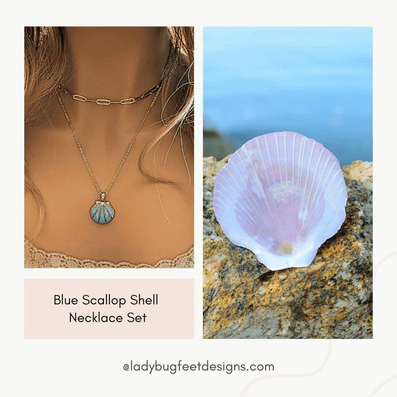 Blue Scallop Shell necklace set, Gold - - LadybugfeetDesigns -