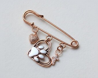 Rustic Paw Print Heart Safety Pin Brooch, Purse Charm, Rose Gold