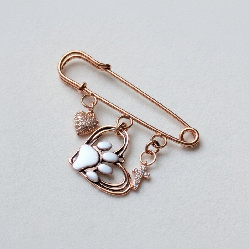 Rustic Paw Print Heart Safety Pin Brooch, Purse Charm, Rose Gold - - LadybugfeetDesigns -