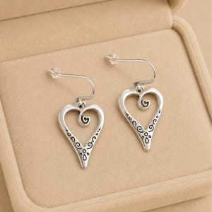 Large Fancy Heart Hook Earrings, Silver - - LadybugfeetDesigns -