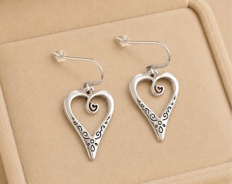 Large Fancy Heart Hook Earrings, Silver