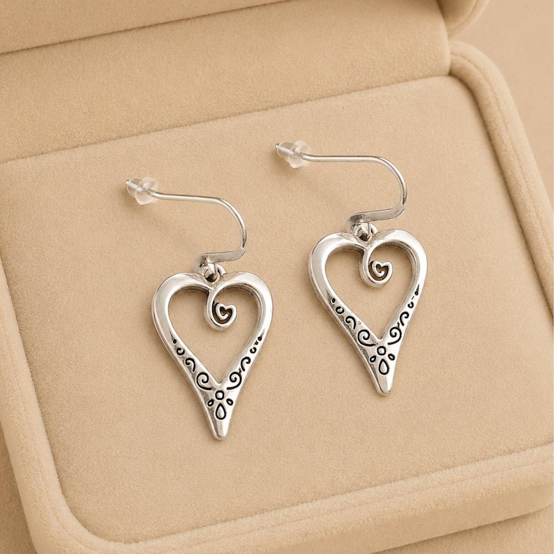 Large Fancy Heart Hook Earrings, Silver - - LadybugfeetDesigns -
