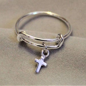 Tiny Cross Expandable Charm Ring, Silver - - LadybugfeetDesigns -