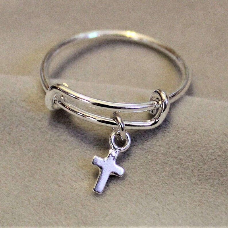 Tiny Cross Expandable Charm Ring, Silver - - LadybugfeetDesigns -