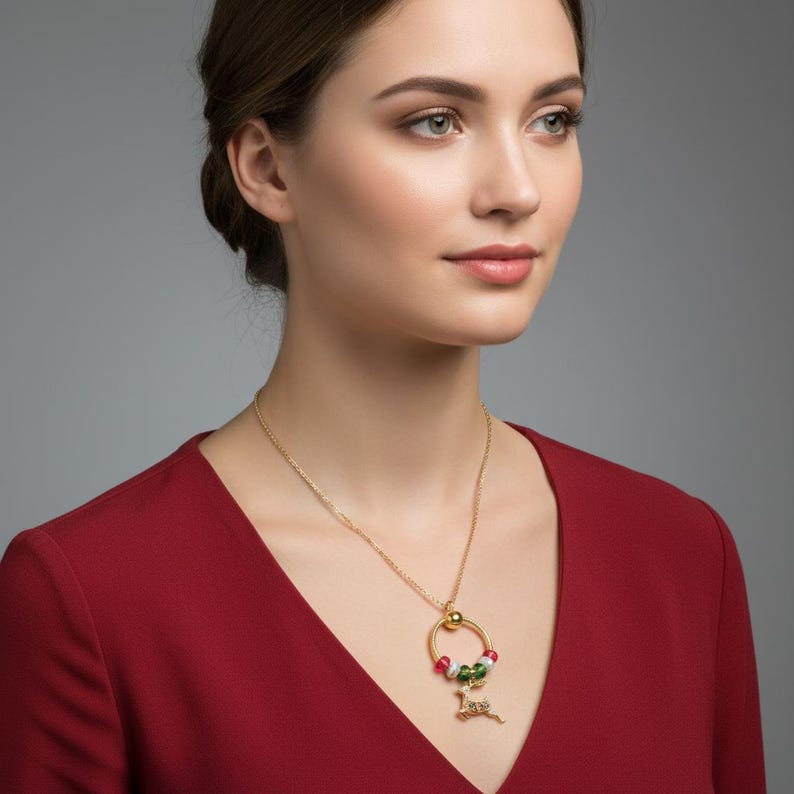 Gold Reindeer Charm Keeper Necklace, Approx. 26 inches - - LadybugfeetDesigns -