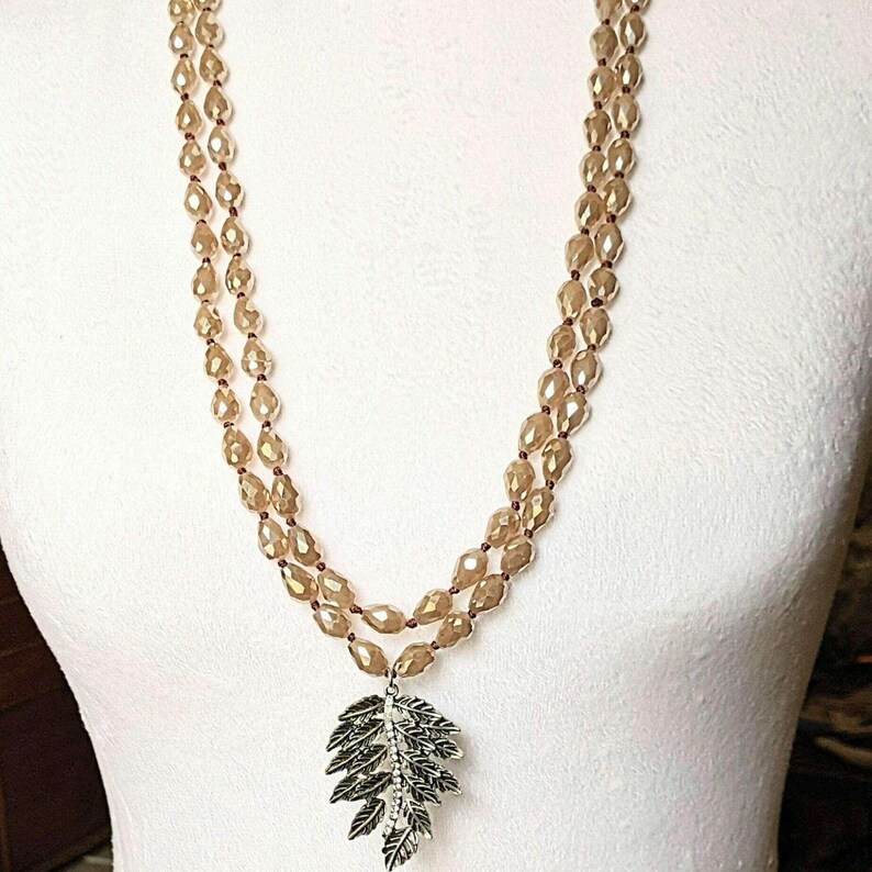 Two-Tone Leaf Champagne Crystal Necklace - 60 inch - - LadybugfeetDesigns -