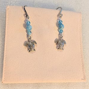 Sea Turtle Larimar Beaded Hook Earrings, Silver - - LadybugfeetDesigns -