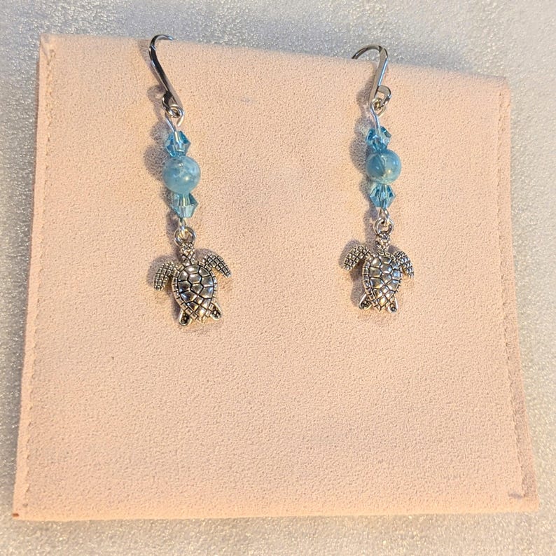 Sea Turtle Larimar Beaded Hook Earrings, Silver - - LadybugfeetDesigns -