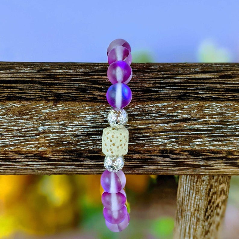 Iridescent Purple Mystic Aura Quartz Gemstone Diffuser bracelet - - LadybugfeetDesigns -