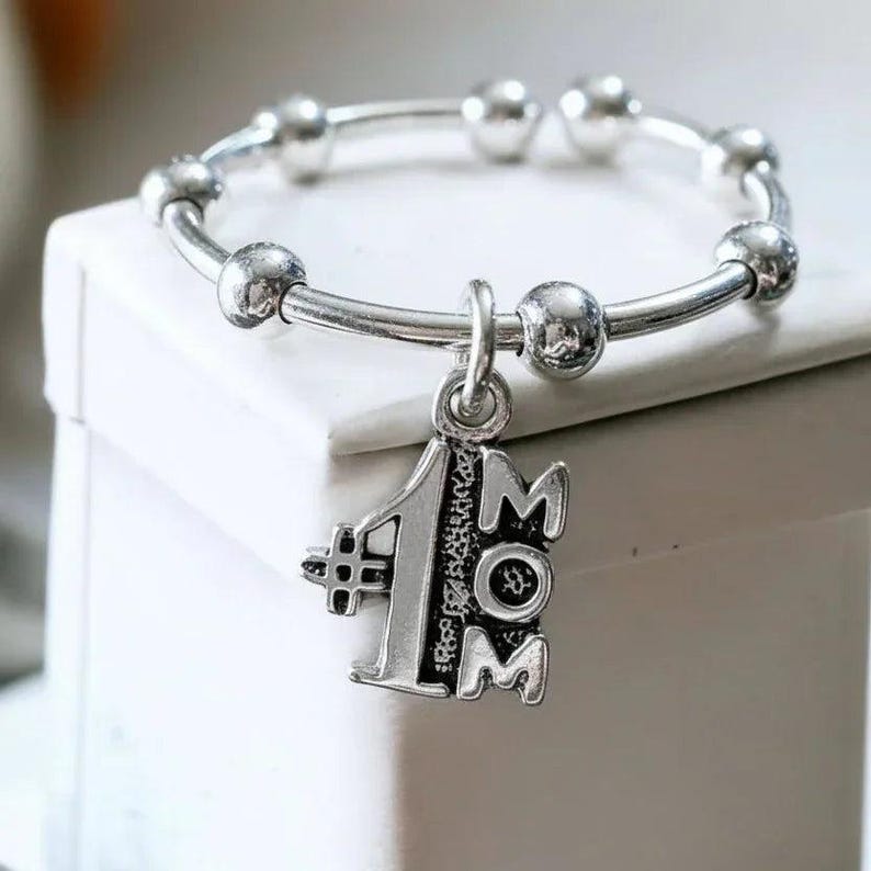 1 Mom Sterling Silver Adjustable Charm Ring - - LadybugfeetDesigns -