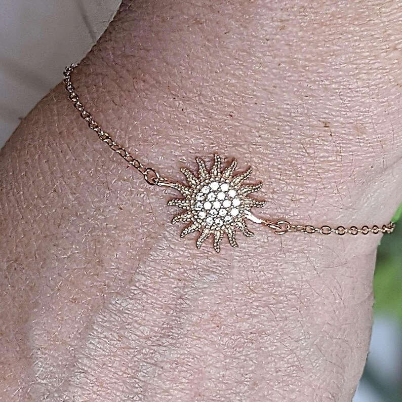 CZ Diamond Starburst Sun Rose Gold Chain Bracelet - - LadybugfeetDesigns -