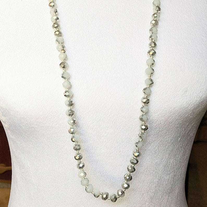 Silver White Crystal Knotted Necklace -36 inch - - LadybugfeetDesigns -