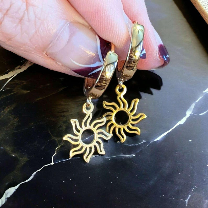 Gold Sun Hoop earrings, 16mm Hoop Drop - - LadybugfeetDesigns -