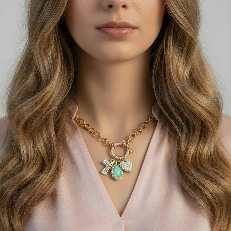 Two Tone Cross, Faux Opal and Heart Shackle Clasp Carabiner Necklace, Gold - 20 inch - - LadybugfeetDesigns -