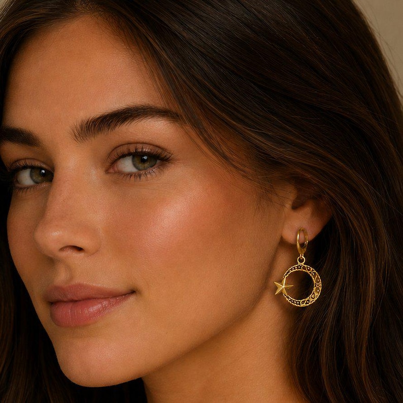 Fancy Crescent Moon Star Leverback Hoop Earrings, Gold - - LadybugfeetDesigns -