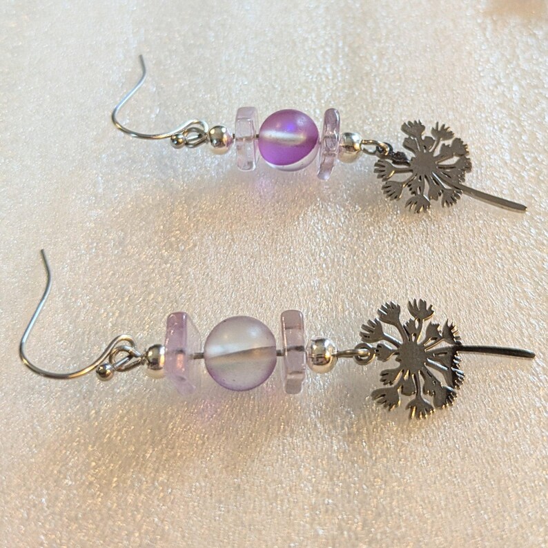 Dandelion Amethyst/Purple Mermaid Glass Beaded Hook Earrings - - LadybugfeetDesigns -