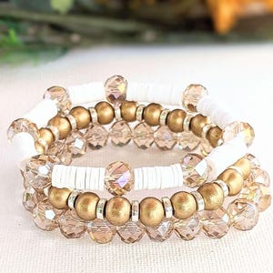 Cream & Crystals Stretch Bracelet Stack - - LadybugfeetDesigns -