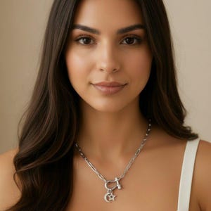 Celestial Moon CZ Star Shackle Clasp Carabiner Necklace, Silver - 20 inch - - LadybugfeetDesigns -