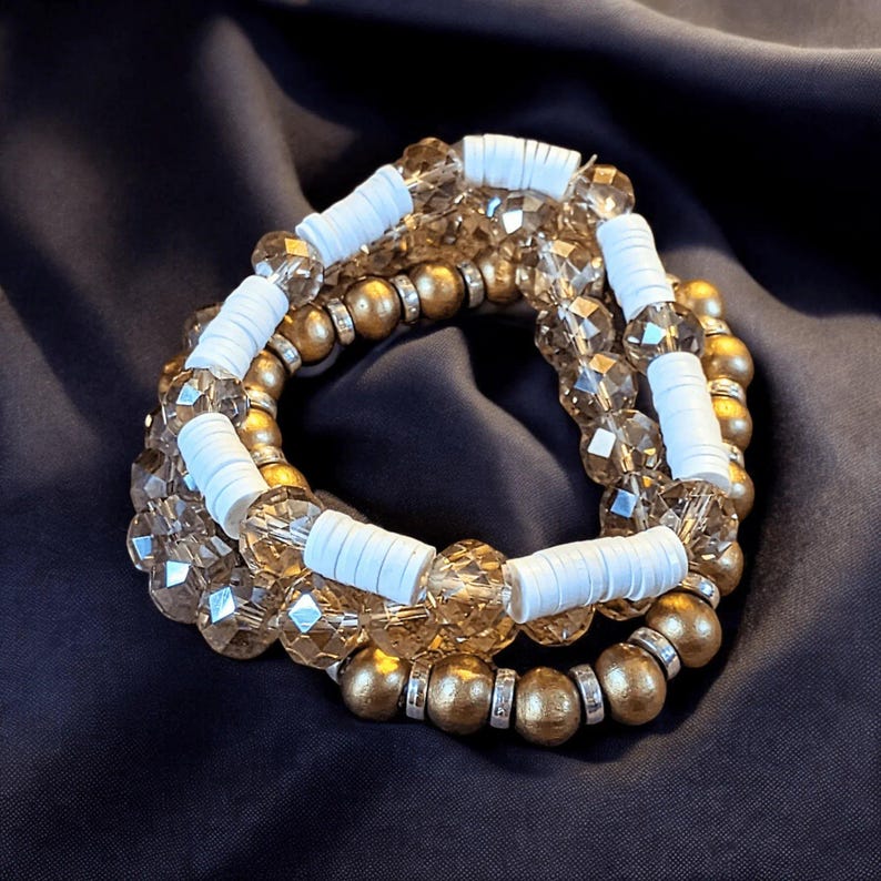 Cream & Crystals Stretch Bracelet Stack - - LadybugfeetDesigns -