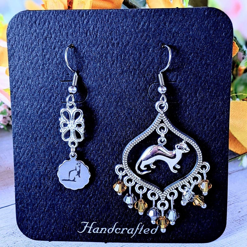 Mismatched Ferret hook earrings, Silver - - LadybugfeetDesigns -
