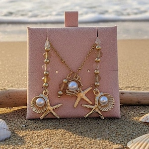 Pearl Clam Shell Starfish Crystal charm necklace and Earring set, Gold - - LadybugfeetDesigns -