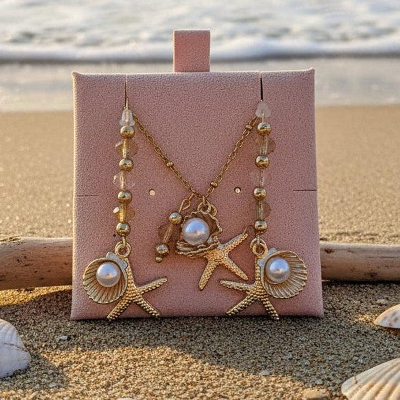 Pearl Clam Shell Starfish Crystal charm necklace and Earring set, Gold - - LadybugfeetDesigns -