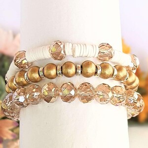 Cream & Crystals Stretch Bracelet Stack - - LadybugfeetDesigns -