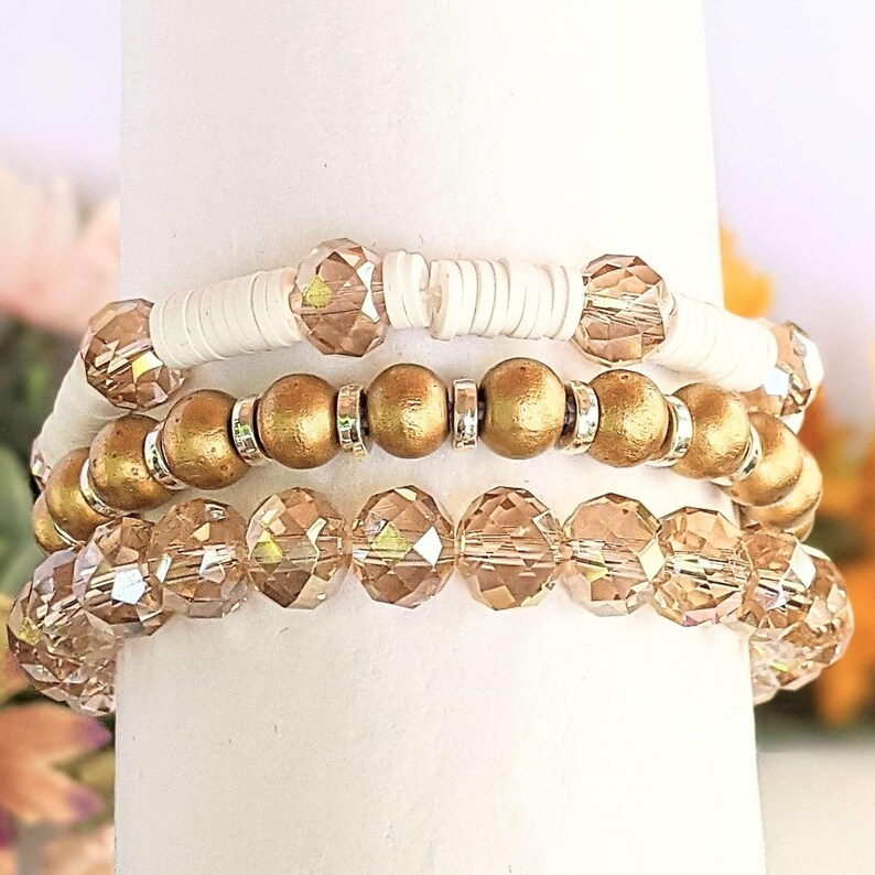 Cream & Crystals Stretch Bracelet Stack - - LadybugfeetDesigns -