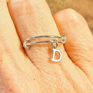 Sterling Silver Initial Charm Ring/Gift for her/Sterling Silver Mini Bangle - - LadybugfeetDesigns -