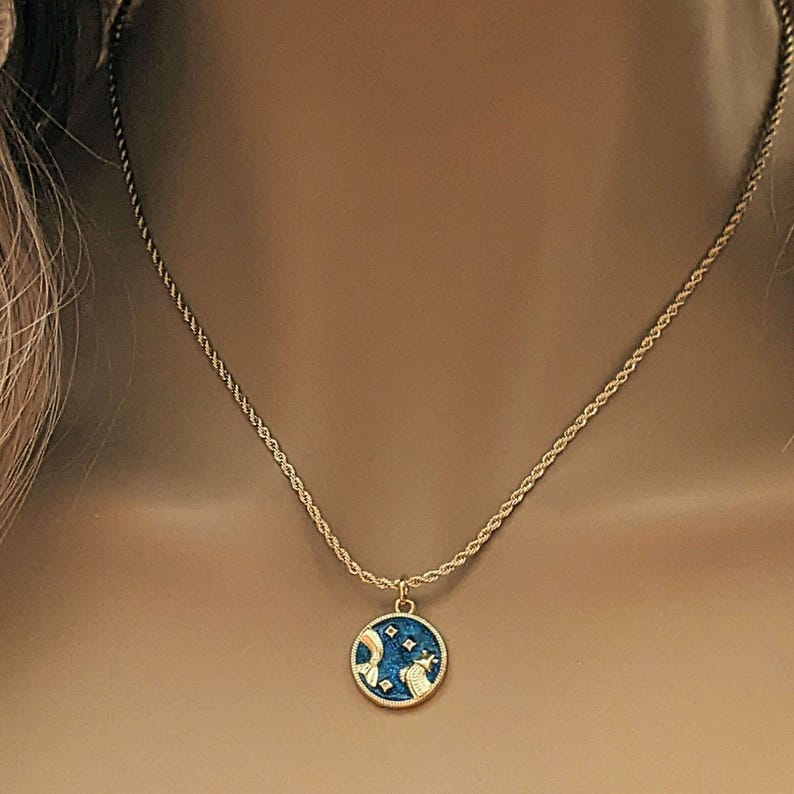 Blue Enamel Zodiac Pendant Necklace, Gold - 20 inches - - LadybugfeetDesigns -