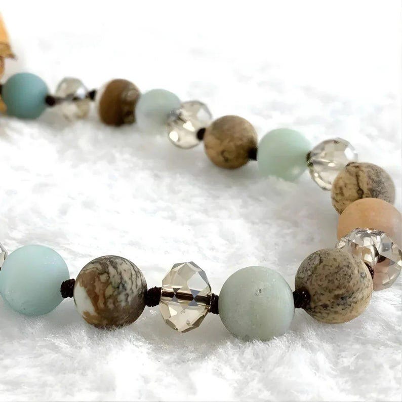 Picture Jasper/Amazonite Semi-Precious Gemstone Necklace with Pendants - 60 inch - - LadybugfeetDesigns -
